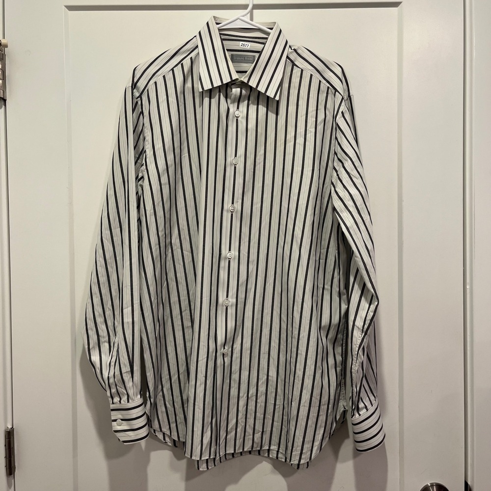 Stefano Ricci Mens Striped Cotton Button Down Shirt Black White Made in Italy 42